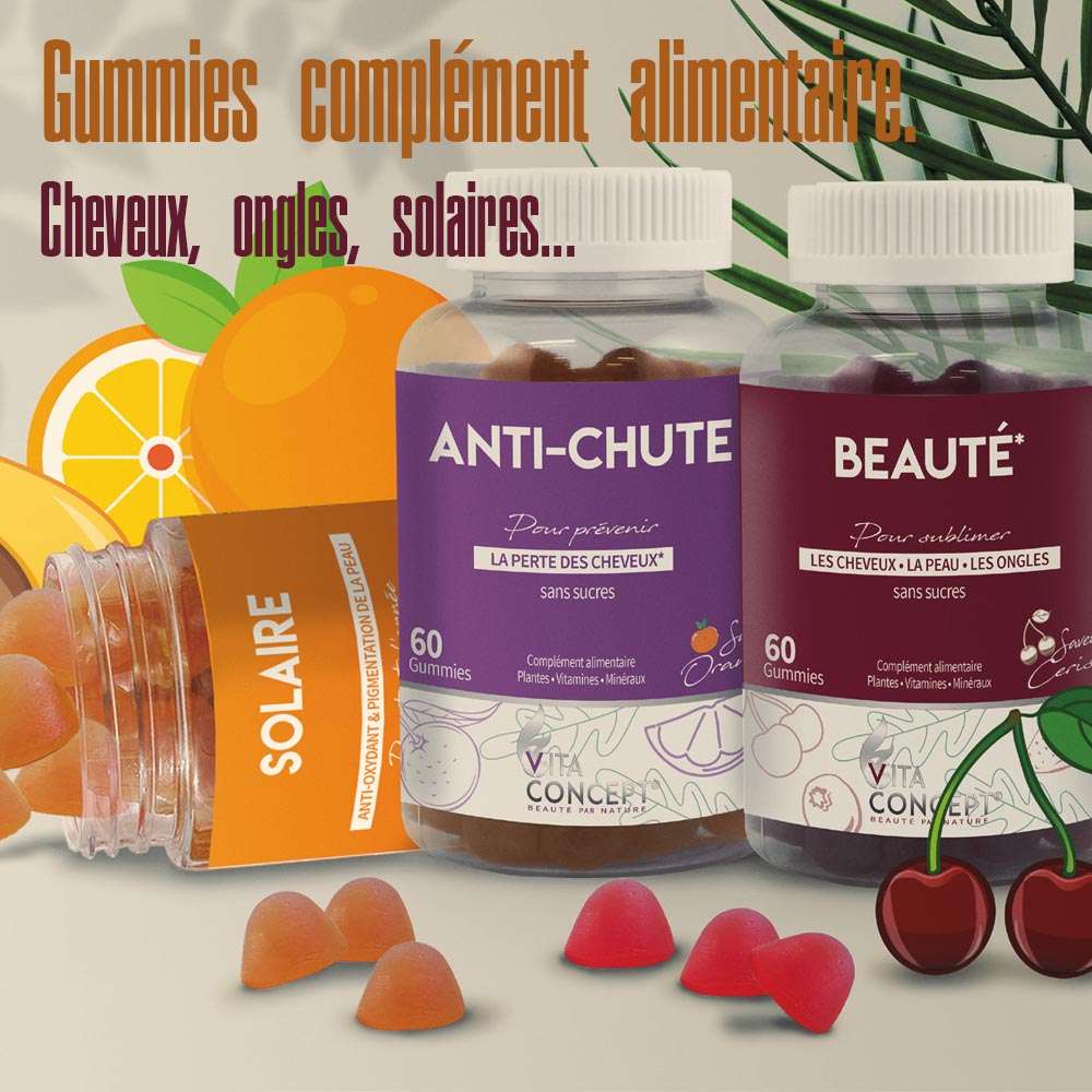 Gummies complément alimentaire. Cheveux, ongles, solaires...